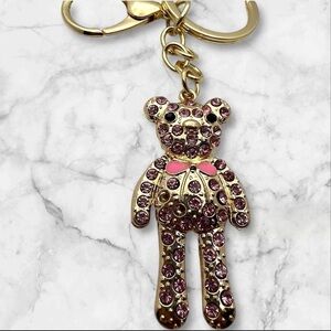 Gold Toned Coquette 2” Teddy Bear Keychain with Pink Rhinestones and Bow